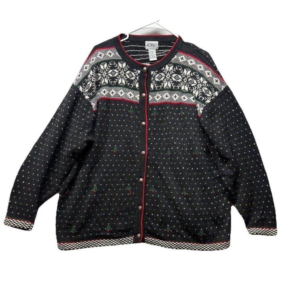 Vintage Koret Christmas Cardigan Size 1X Christmas Trees Fair Isle Ramie Wool